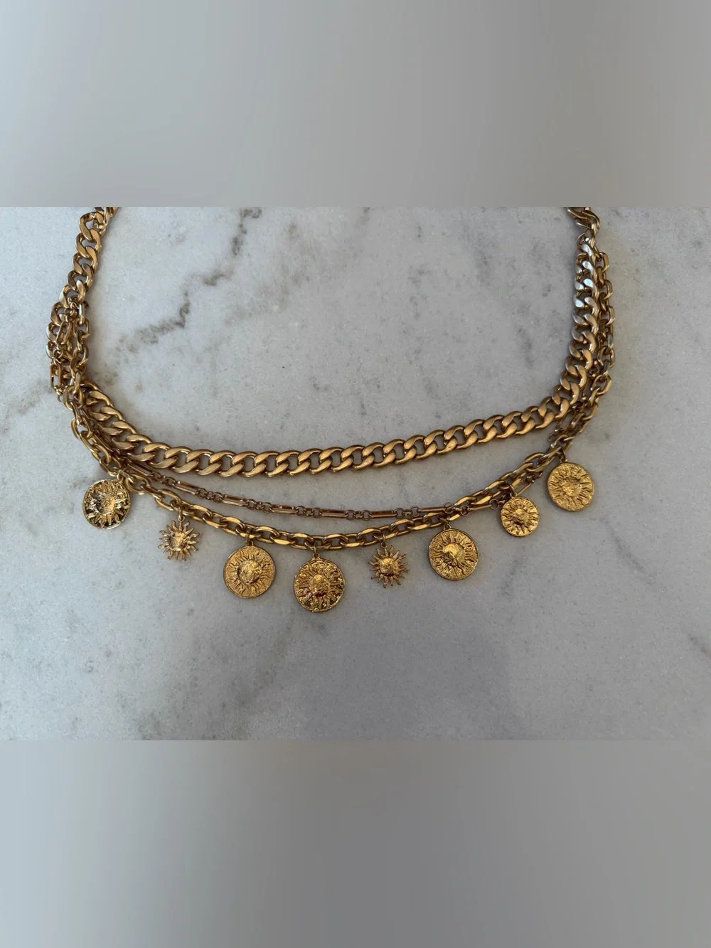 Zara Layered Gold Chain Charm Waist Belt | Coin & Sun Medallion Statement Belt